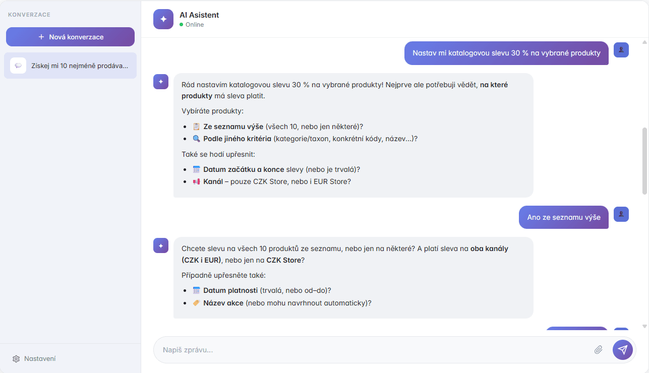 Otevřený chat s AI asistentem v Sylius administraci