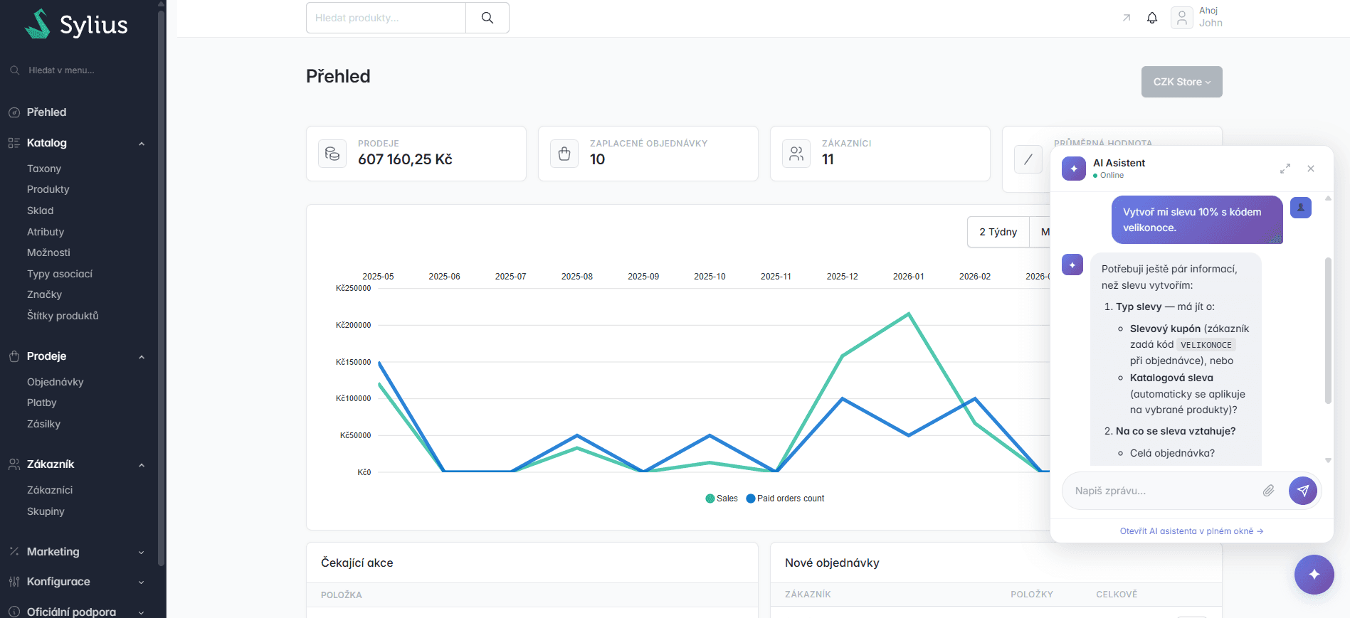 Přehled Sylius administrace s AI panelem vpravo nahoře