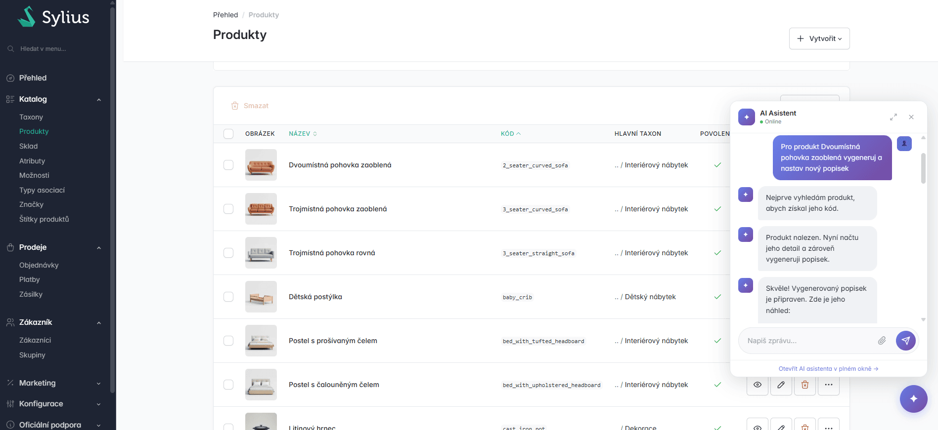 Seznam produktů v Sylius administraci